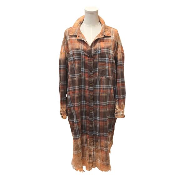 Oli & Hali Maxi Mineral Washed Bleach Plaid Cotton Shacket Medium - Picture 2 of 11